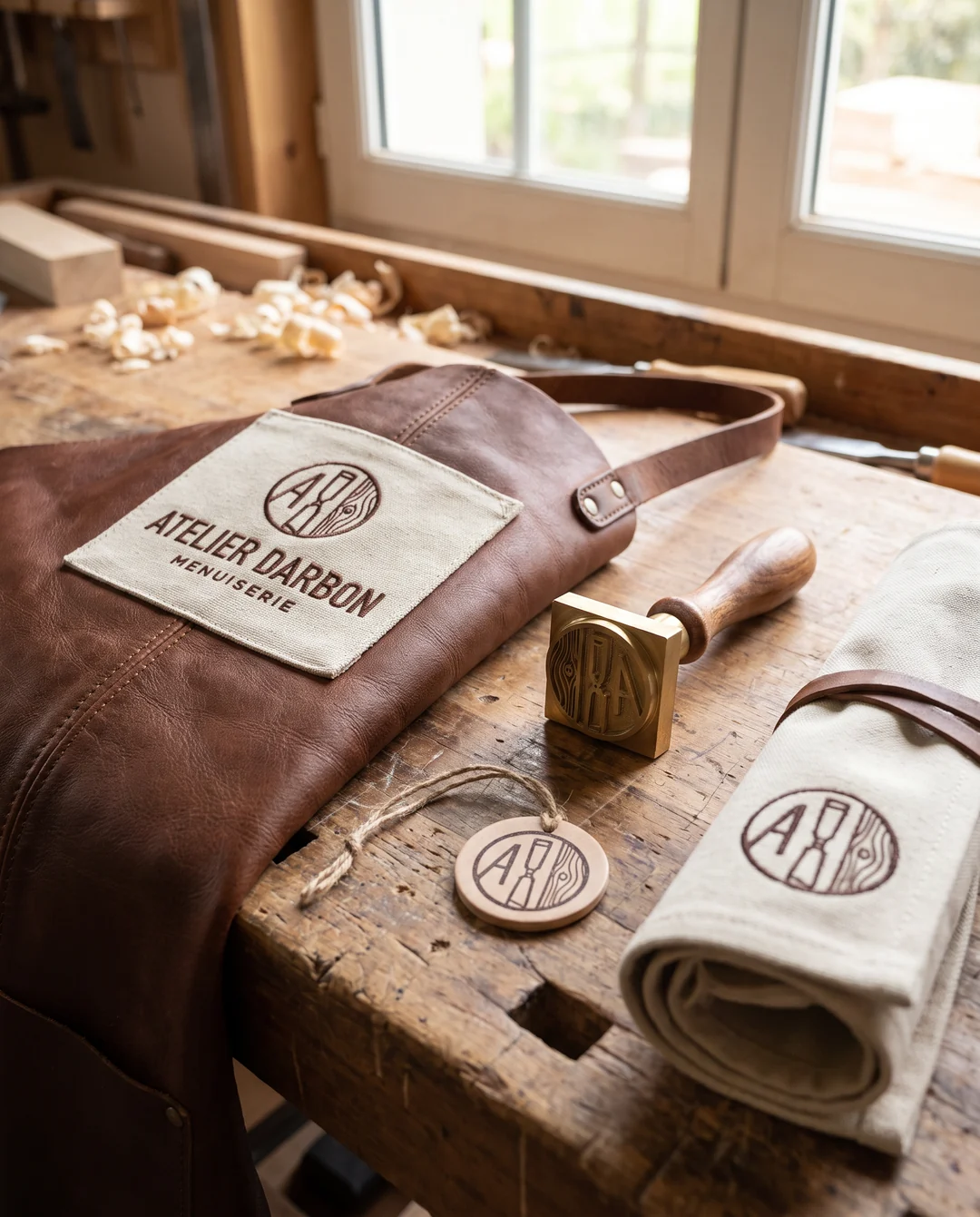 Planche d'identité Atelier Darbon : tablier de cuir à écusson brodé, fer à marquer et étiquette de bois estampée du même monogramme