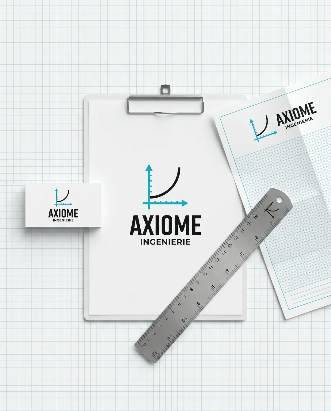 Planche d'identité Axiome Ingénierie, en blanc technique et cyan