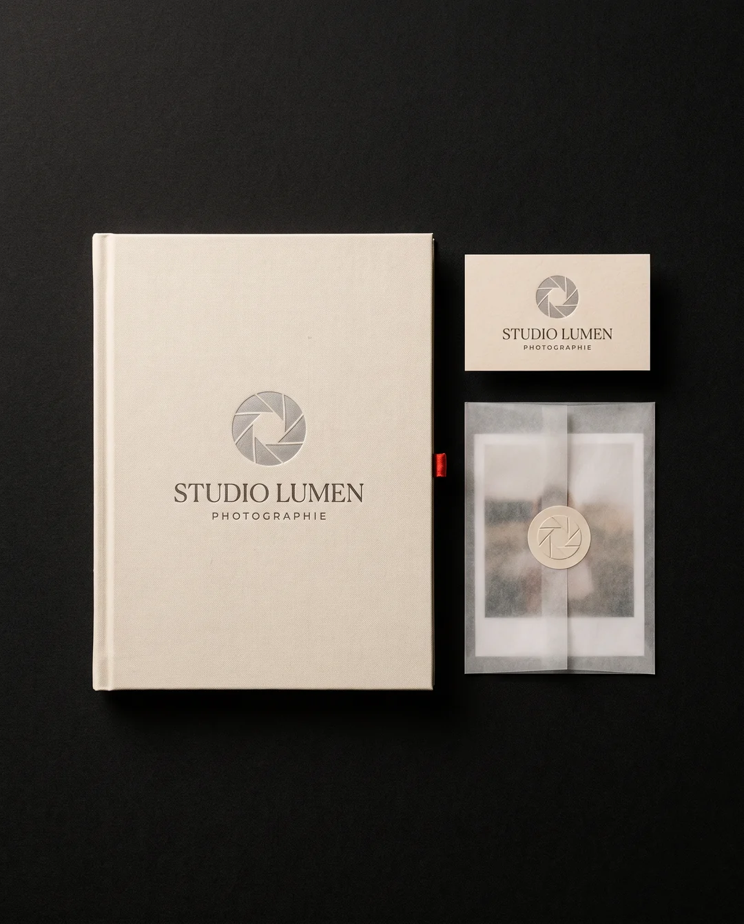 Planche d'identité Studio Lumen : portfolio toilé, carte de visite et pochette de tirage portant le même monogramme de lamelles de diaphragme